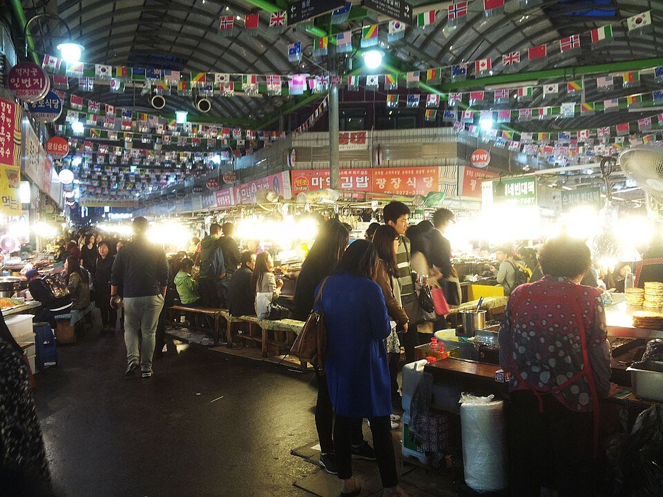 Food stalls inside Gwangjang Market, Seoul