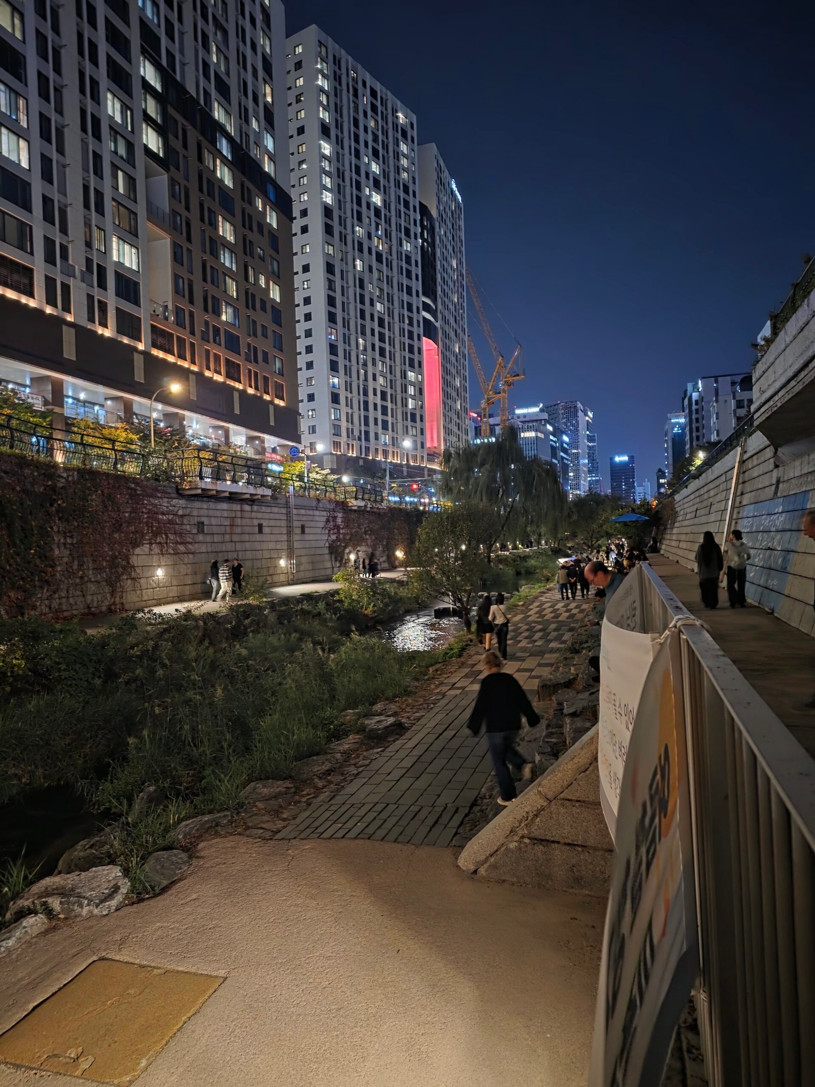 A sloping approach to Cheonggyecheon with illuminated high-rise buildings and waterside paths at night.