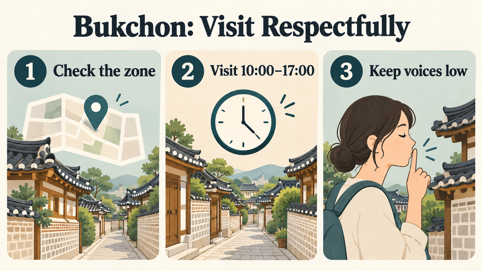 Illustrated guide to checking Bukchon zone, visiting 10 am to 5 pm and keeping voices low
