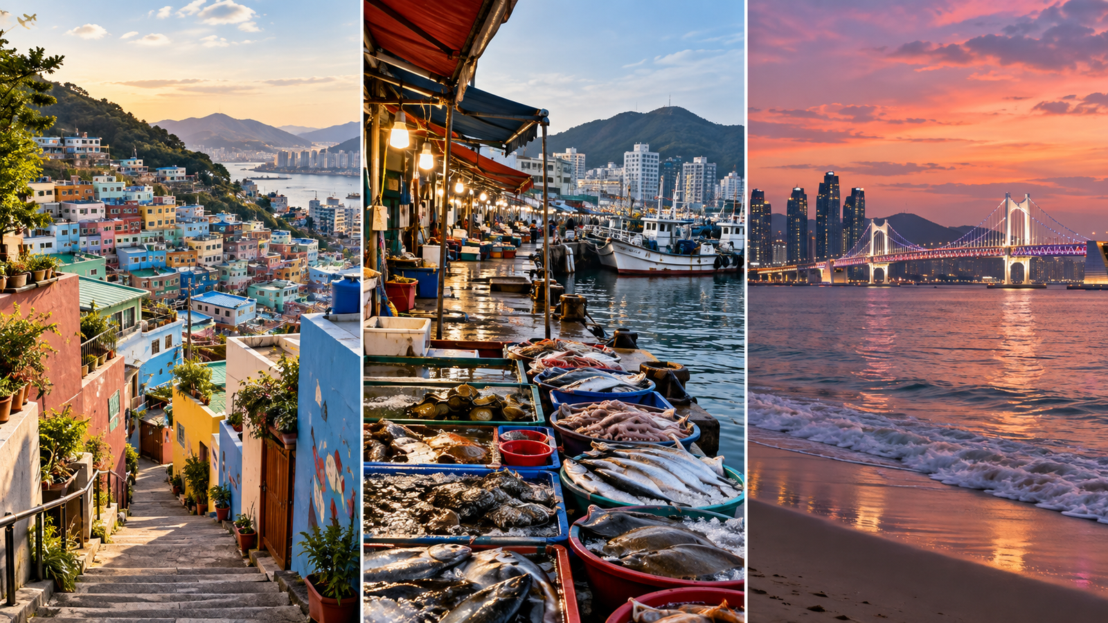 Illustrated Busan planning scenes: Gamcheon hillside, a harbor fish market and Gwangalli at dusk