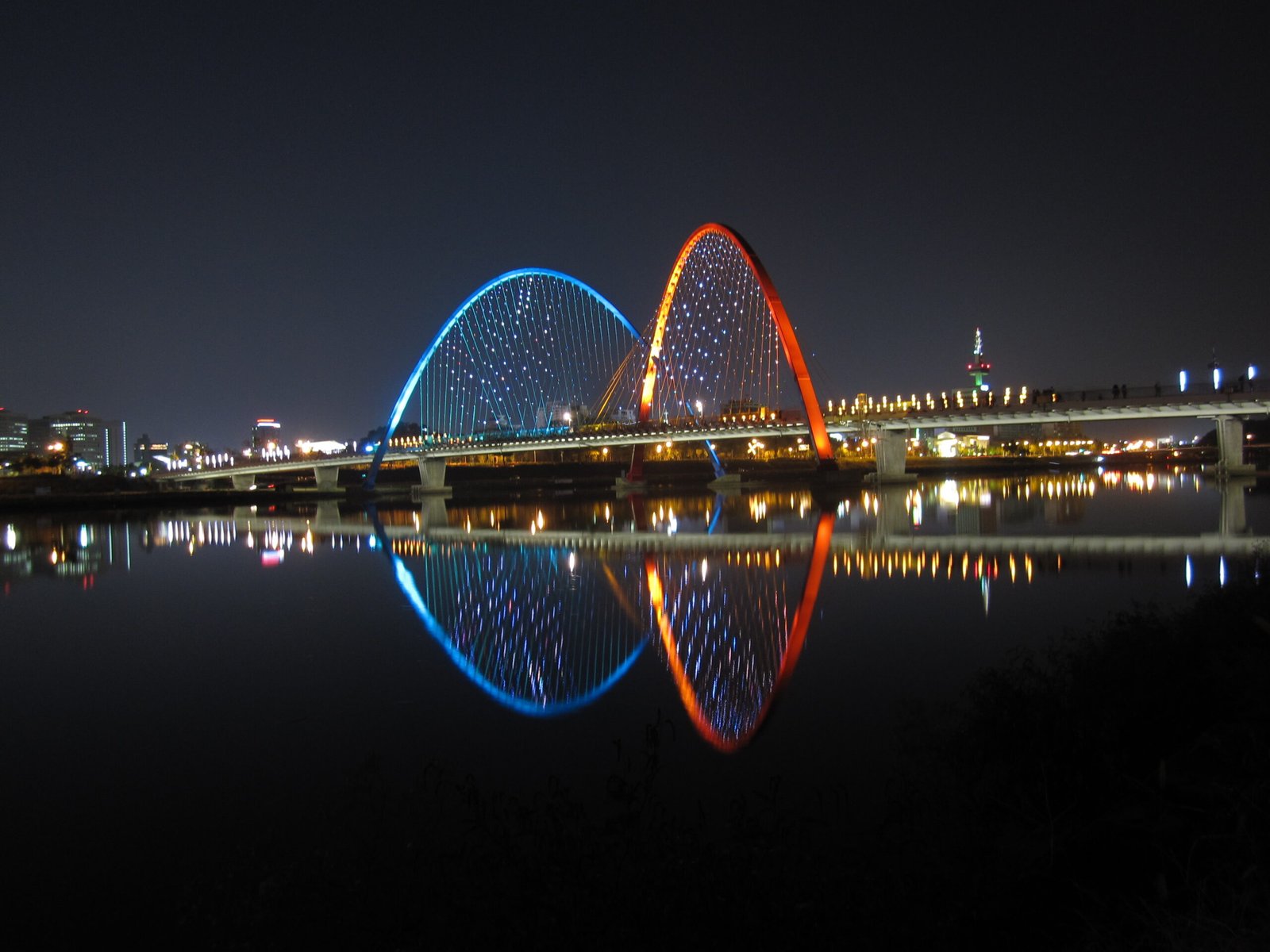 Illuminated Expo Bridge reflected in the river at night in Daejeon