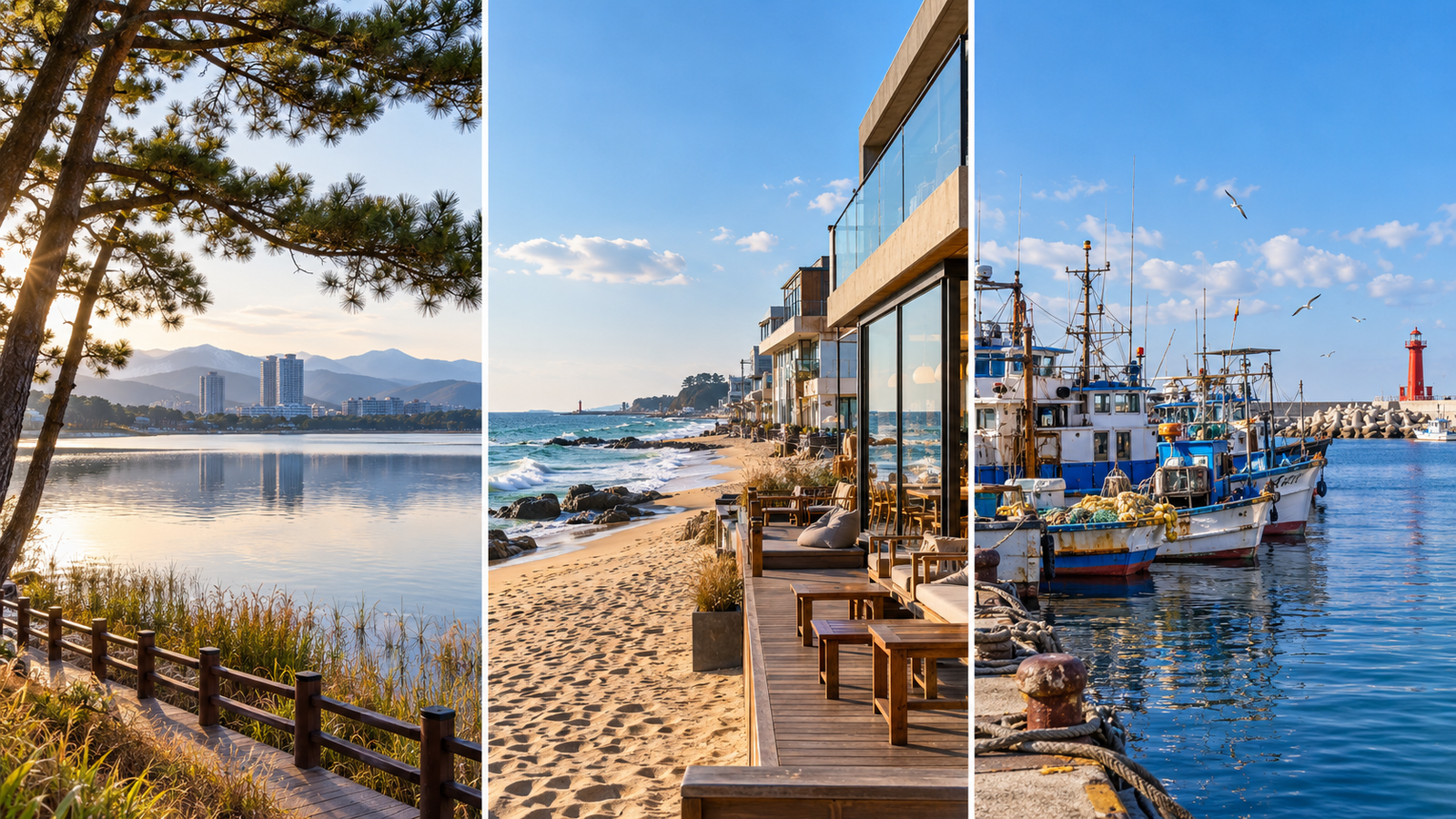 Illustrated Gangneung planning scenes: Gyeongpo Lake, Anmok cafes and a working harbor