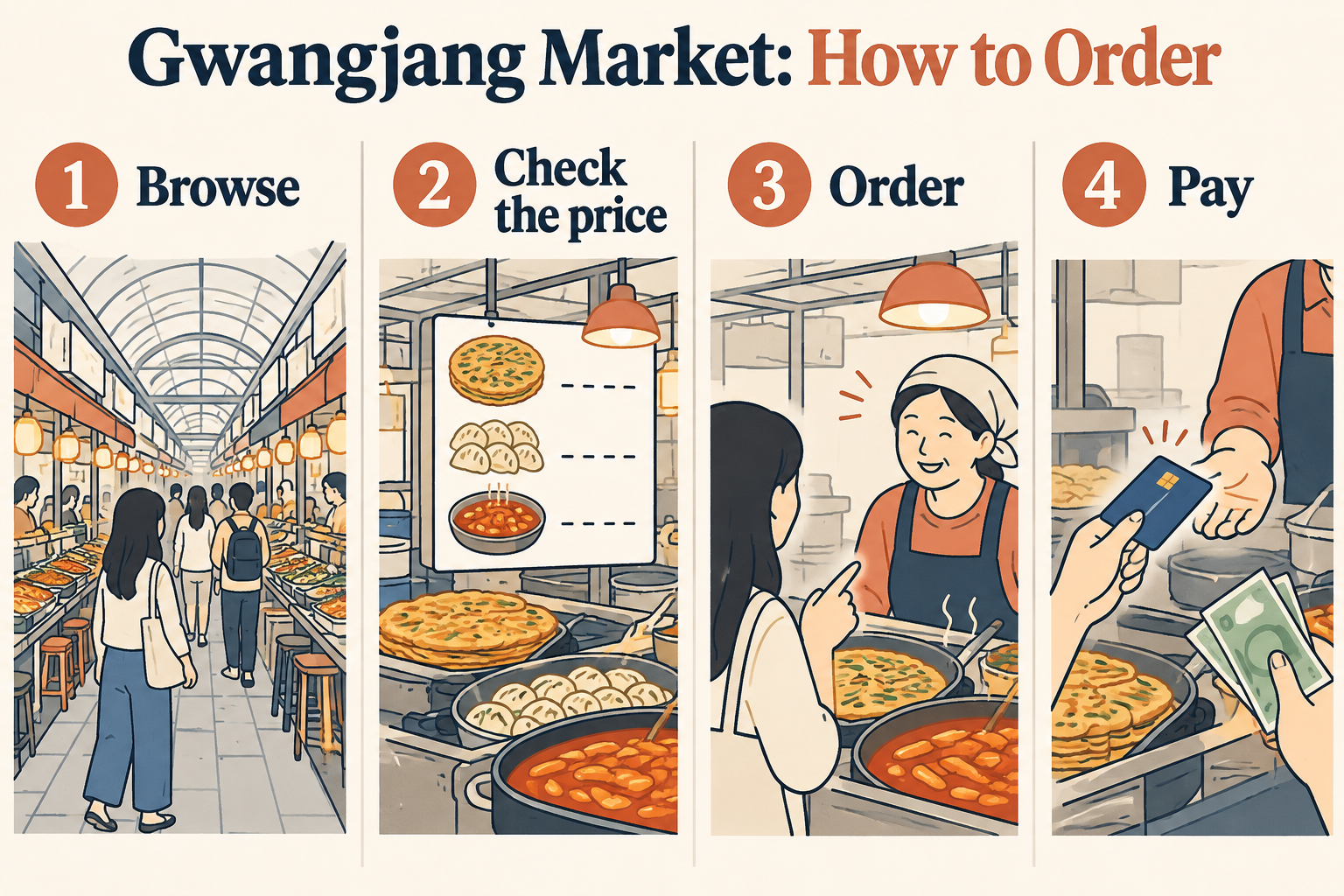 Illustrated four-step guide: browse, check the price, order, pay