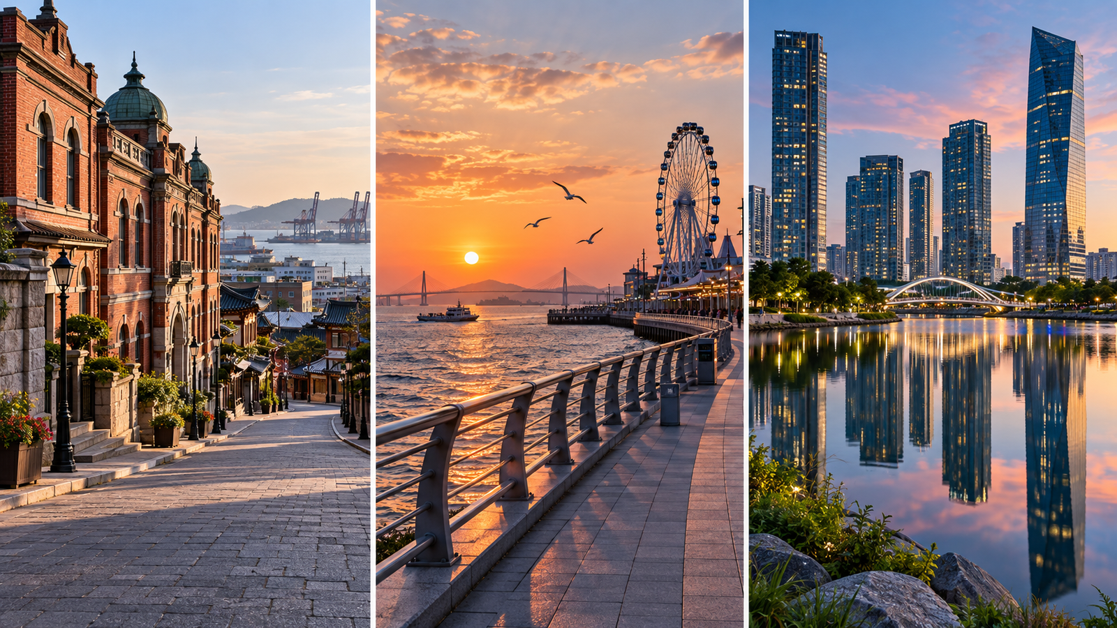 Illustrated Incheon themes: historic port streets, Wolmido waterfront and Songdo skyline