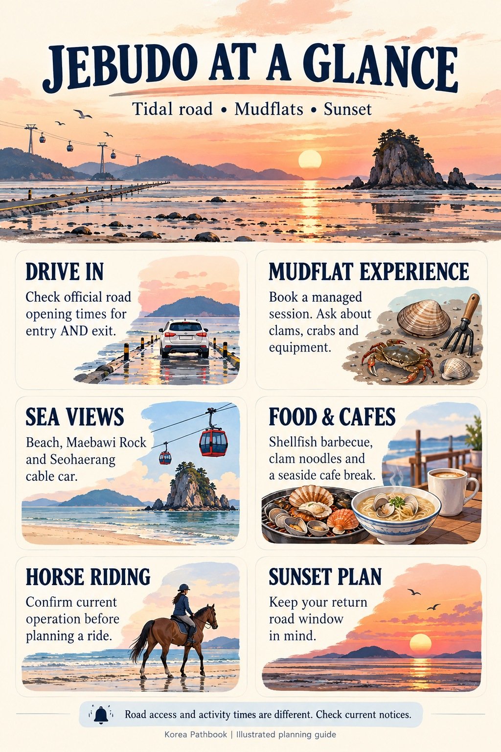 Illustrated Jebudo planning card covering the tidal road, mudflats, sea views, food, horse riding and sunset