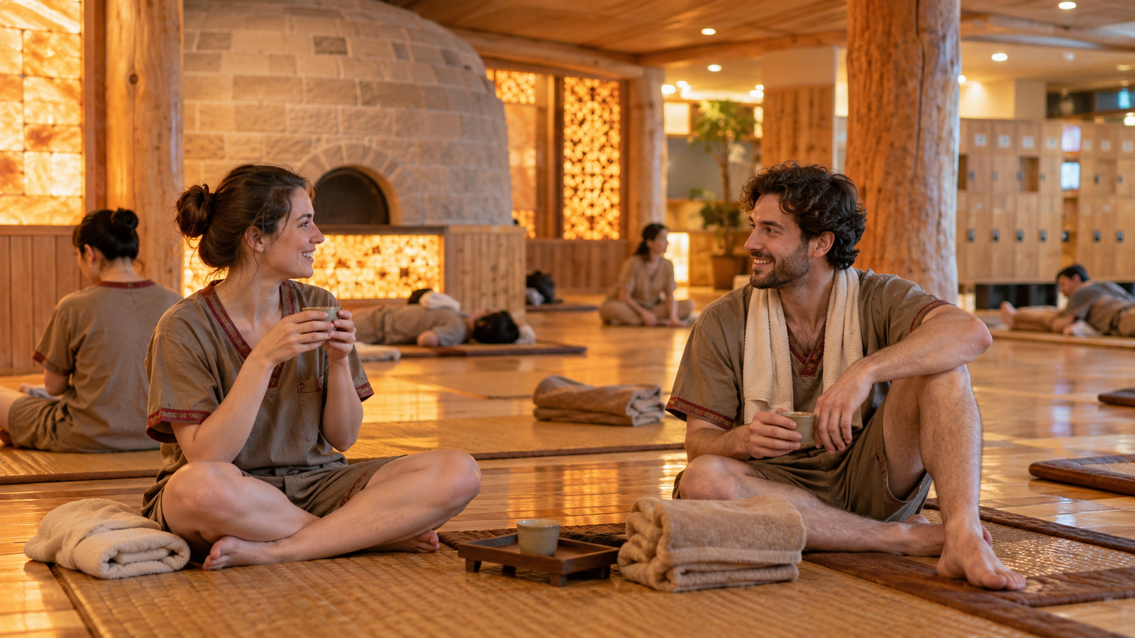 Travelers relaxing in the clothed common lounge of a Korean jjimjilbang