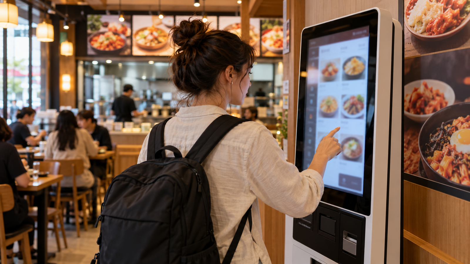 Traveler using a touchscreen ordering kiosk in a Korean restaurant