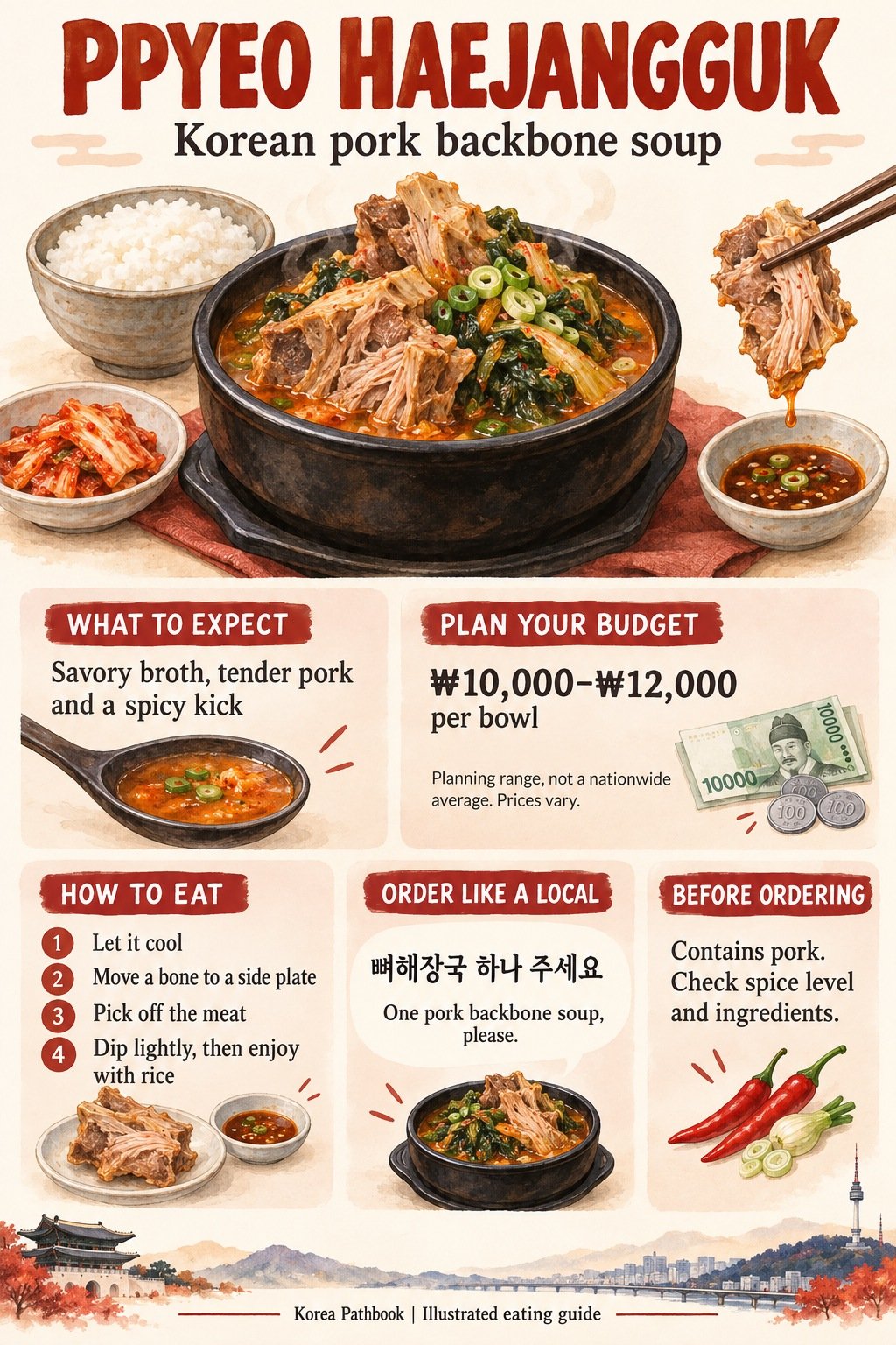 Illustrated overview of pork backbone soup, a meal budget, ordering phrase and four eating steps