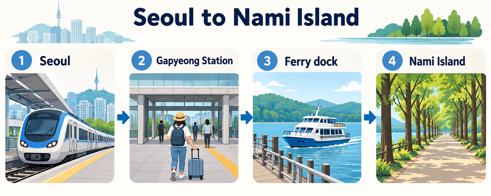 Illustrated four-stage route: Seoul, Gapyeong Station, ferry dock and Nami Island