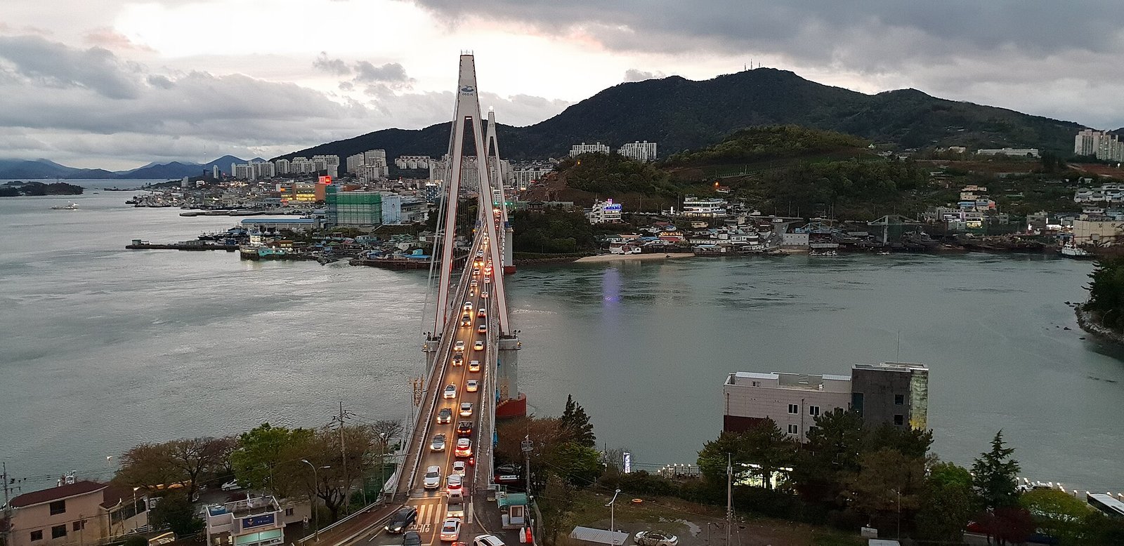 Panoramic view of Dolsan Bridge and the harbour from Dolsan Park in Yeosu
